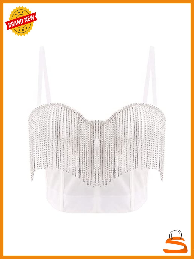 Rhinestone Tassel Crop Bustier Tank Top Corset Bra